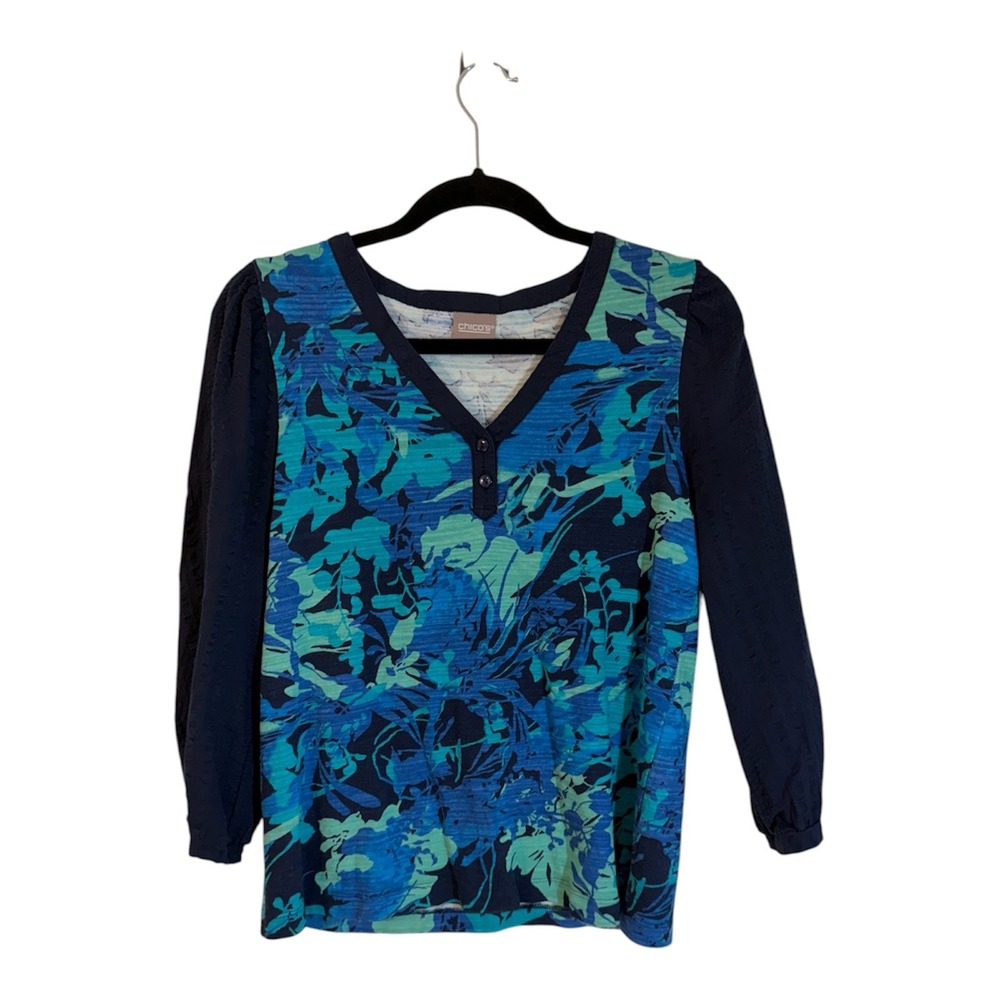 Chico's Top Blue Medium Womens Floral V-Neck Henley 3/4 Sleeve Casual Slub Knit